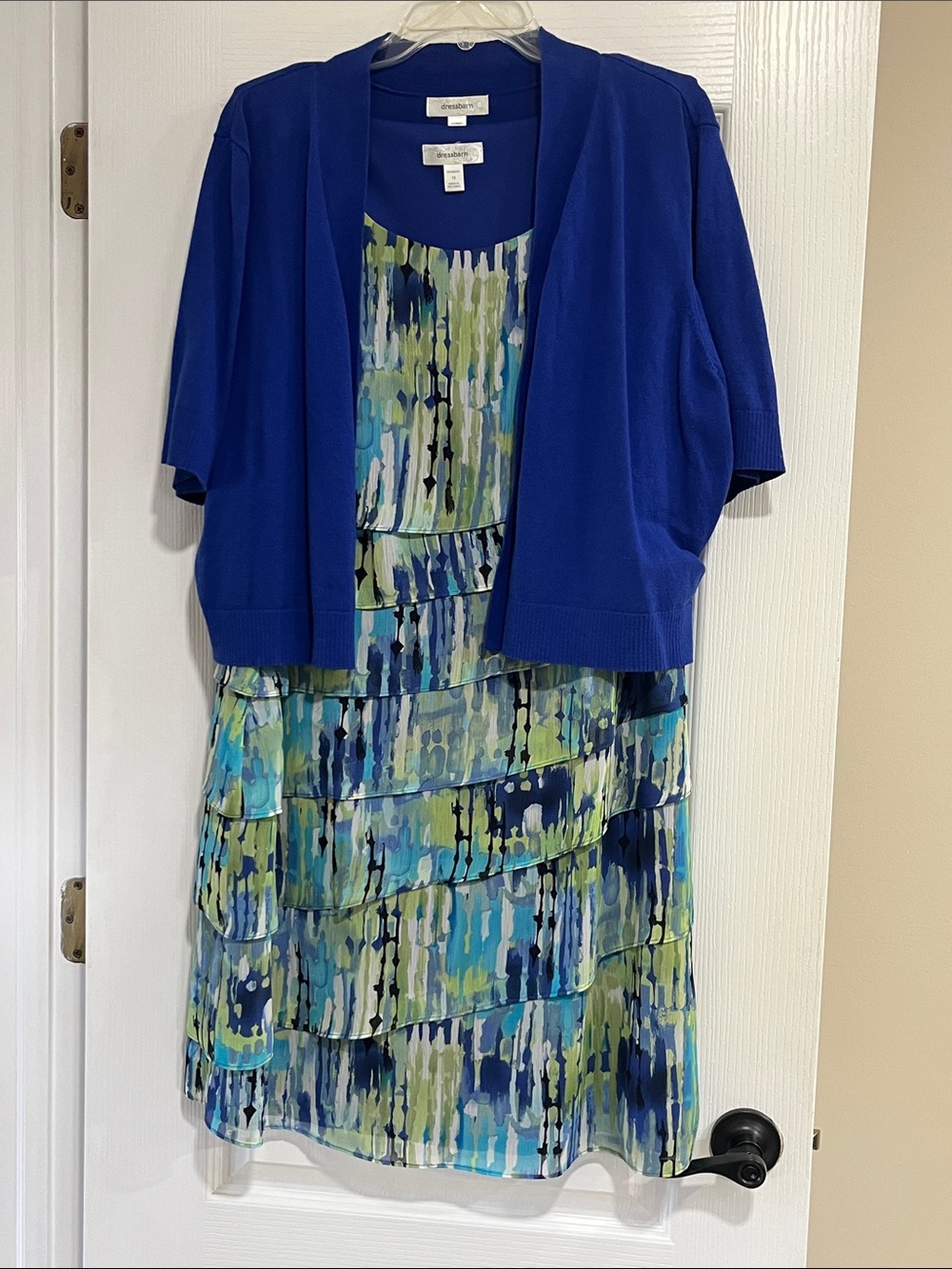 dressbarn Blue Layered Print Dress with Royal Blue Cardigan